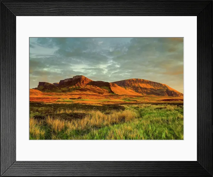 Framed Print : The Trotternish Ridge, a major geological feature of lava flows over Jurassic sediments, a major scenic attraction in the far north east of the island at sunset Golden hour, Flodigarry, Trotternish Peninsula, Skye, Inner Hebrides, Scotland Framed Print : The Trotternish Ridge, a major geological feature of lava flows over Jurassic sediments, a major scenic attraction in the far north east of the island at sunset Golden hour, Flodigarry, Trotternish Peninsula, Skye, Inner Hebrides, Scotland