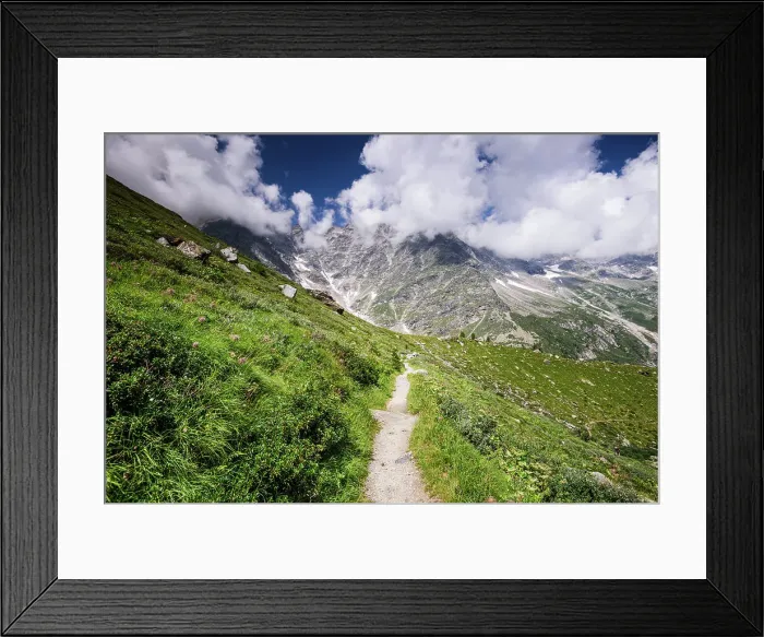 Framed Print : Hiking trail in alpine landscape facing Monte Rosa with moraine landscape, Italian Alps, Italy, Europe Framed Print : Hiking trail in alpine landscape facing Monte Rosa with moraine landscape, Italian Alps, Italy, Europe