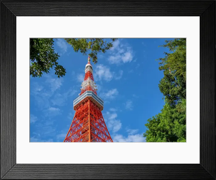 Framed Print : View of Tokyo Tower from its base against blue sky, Shibakoen, Minato City, Tokyo, Honshu, Japan Framed Print : View of Tokyo Tower from its base against blue sky, Shibakoen, Minato City, Tokyo, Honshu, Japan