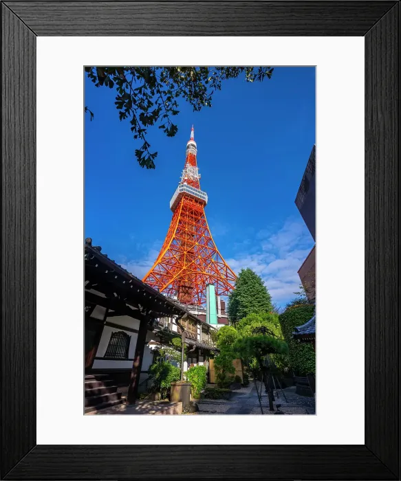 Framed Print : View of Tokyo Tower and Shinkoin Buddhist Temple against blue sky, Shibakoen, Minato City, Tokyo, Honshu, Japan Framed Print : View of Tokyo Tower and Shinkoin Buddhist Temple against blue sky, Shibakoen, Minato City, Tokyo, Honshu, Japan