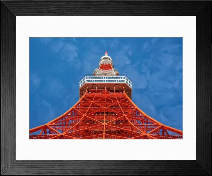 Framed Print : View of Tokyo Tower from its base against blue sky, Shibakoen, Minato City, Tokyo, Honshu, Japan Framed Print : View of Tokyo Tower from its base against blue sky, Shibakoen, Minato City, Tokyo, Honshu, Japan