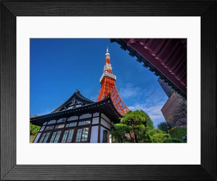 Framed Print : View of Tokyo Tower and Shinkoin Buddhist Temple against blue sky, Shibakoen, Minato City, Tokyo, Honshu, Japan Framed Print : View of Tokyo Tower and Shinkoin Buddhist Temple against blue sky, Shibakoen, Minato City, Tokyo, Honshu, Japan