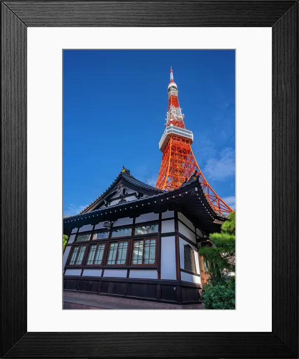 Framed Print : View of Tokyo Tower and Shinkoin Buddhist Temple against blue sky, Shibakoen, Minato City, Tokyo, Honshu, Japan Framed Print : View of Tokyo Tower and Shinkoin Buddhist Temple against blue sky, Shibakoen, Minato City, Tokyo, Honshu, Japan