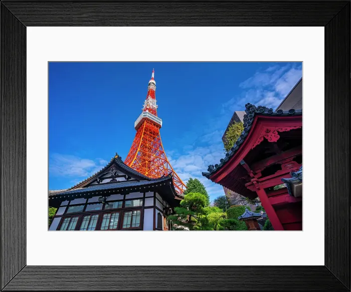 Framed Print : View of Tokyo Tower and Shinkoin Buddhist Temple against blue sky, Shibakoen, Minato City, Tokyo, Honshu, Japan Framed Print : View of Tokyo Tower and Shinkoin Buddhist Temple against blue sky, Shibakoen, Minato City, Tokyo, Honshu, Japan