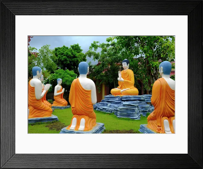 Framed Print : Thien Truc Buddhist pagoda, Life of the Buddha (Siddhartha Gautama), preaching first sermon to monks in Deer Park in Varanasi, Bac Lieu, Vietnam