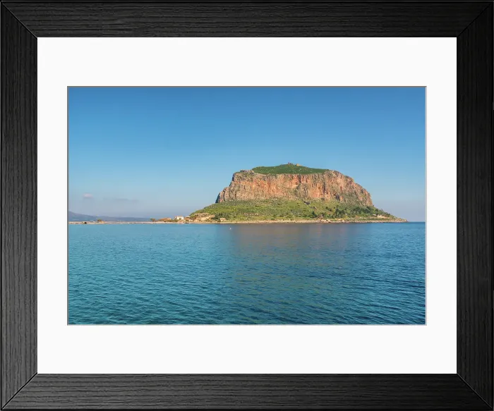 Framed Print : Monemvasia, historic city on an island with a mountain in turquoise sea, Monemvasia, Laconia, Greece Framed Print : Monemvasia, historic city on an island with a mountain in turquoise sea, Monemvasia, Laconia, Greece