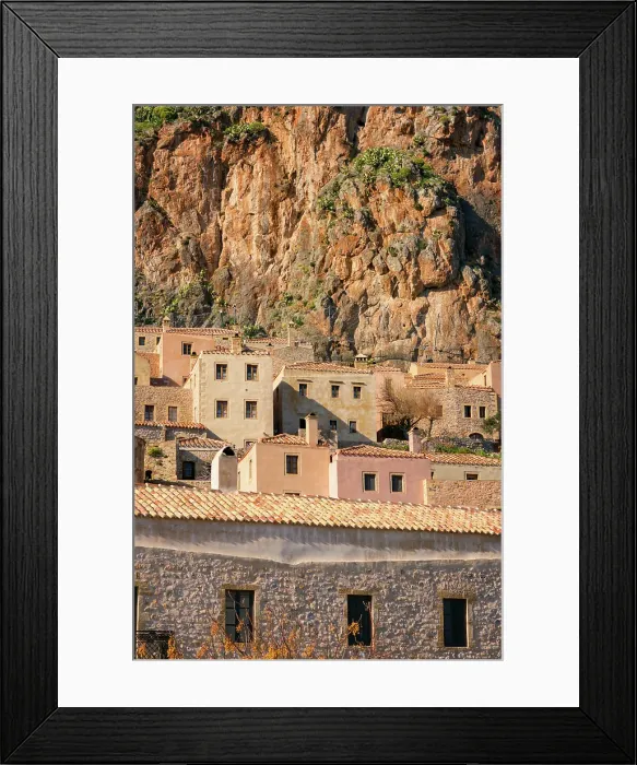 Framed Print : Historic stone houses in the mountain, Monemvasia, Laconia, Greece