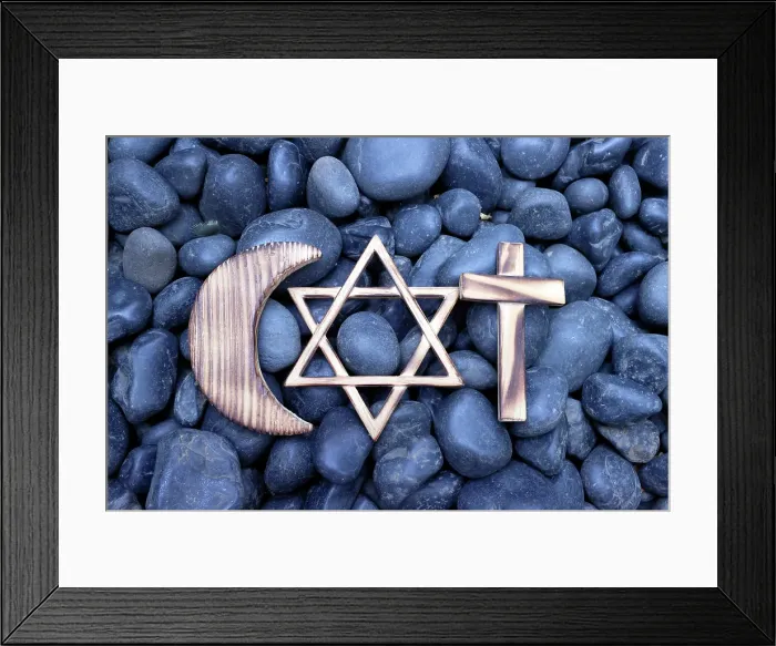 Framed Print : Christianity, Islam and Judaism symbols, three monotheistic religions, Jewish Star of David, Christian Cross and Muslim Crescent, Indonesia Framed Print : Christianity, Islam and Judaism symbols, three monotheistic religions, Jewish Star of David, Christian Cross and Muslim Crescent, Indonesia