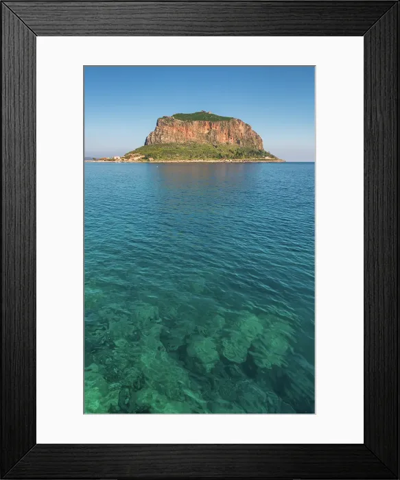 Framed Print : Monemvasia, historic city on an island with a mountain in turquoise sea, Monemvasia, Laconia, Greece