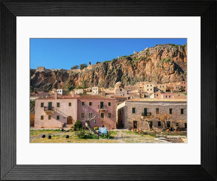 Framed Print : Historic stone houses in Chryssafitissa square, Monemvasia, Laconia, Greece Framed Print : Historic stone houses in Chryssafitissa square, Monemvasia, Laconia, Greece