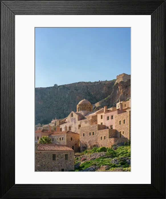 Framed Print : Historic stone houses in the mountain, Monemvasia, Laconia, Greece