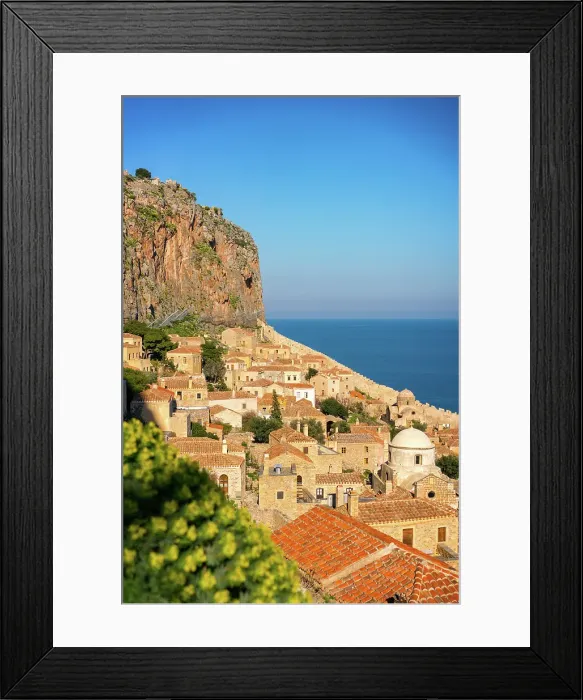 Framed Print : Monemvasia island historic stone houses and churches, Monemvasia, Laconia, Greece Framed Print : Monemvasia island historic stone houses and churches, Monemvasia, Laconia, Greece