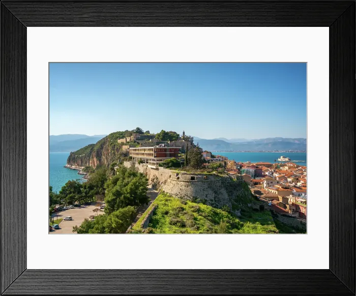 Framed Print : Nafplion historic city view with Palamidi fortress and Bourtzi Castle island, Nafplion, Peloponnese, Greece Framed Print : Nafplion historic city view with Palamidi fortress and Bourtzi Castle island, Nafplion, Peloponnese, Greece