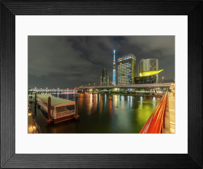 Framed Print : View of Tokyo Skytree, Azuma Bridge and Sumida River at night, Asakusa, Taito City, Tokyo, Honshu, Japan