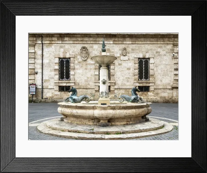 Framed Print : Public drinking water fountain with bronze seahorses on the Piazza Arringo, Ascoli Piceno, Marche, Italy Framed Print : Public drinking water fountain with bronze seahorses on the Piazza Arringo, Ascoli Piceno, Marche, Italy