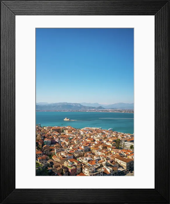 Framed Print : Nafplion historic city view with Palamidi fortress and Bourtzi Castle island, Nafplion, Peloponnese, Greece