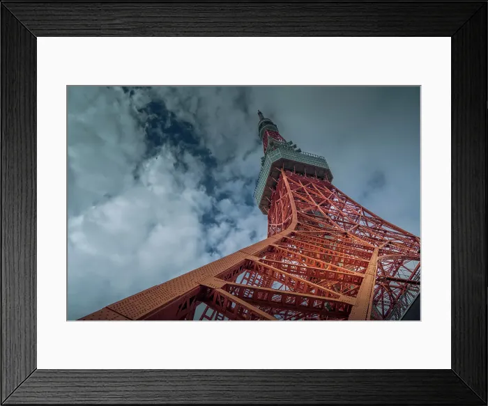Framed Print : View of Tokyo Tower from its base against cloudy sky, Shibakoen, Minato City, Tokyo, Honshu, Japan