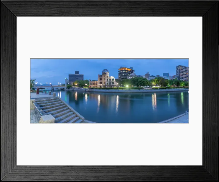 Framed Print : View of the skeletal ruins of the A-Bomb Dome from Hiroshima Peace Gardens at dusk, UNESCO, Hiroshima, Honshu, Japan Framed Print : View of the skeletal ruins of the A-Bomb Dome from Hiroshima Peace Gardens at dusk, UNESCO, Hiroshima, Honshu, Japan