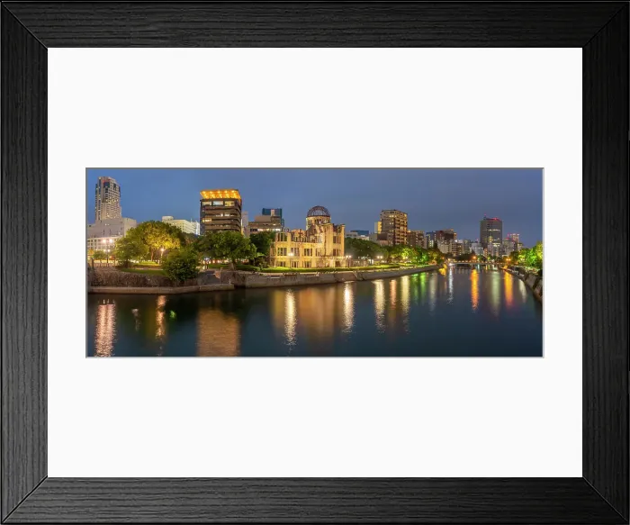 Framed Print : View of the skeletal ruins of the A-Bomb Dome from Hiroshima Peace Gardens at dusk, UNESCO, Hiroshima, Honshu, Japan Framed Print : View of the skeletal ruins of the A-Bomb Dome from Hiroshima Peace Gardens at dusk, UNESCO, Hiroshima, Honshu, Japan