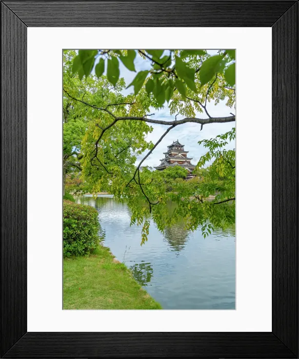 Framed Print : View of Hiroshima Castle, with museum, reflecting in Moat, Motomachi, Naka Ward, Hiroshima, Honshu, Japan