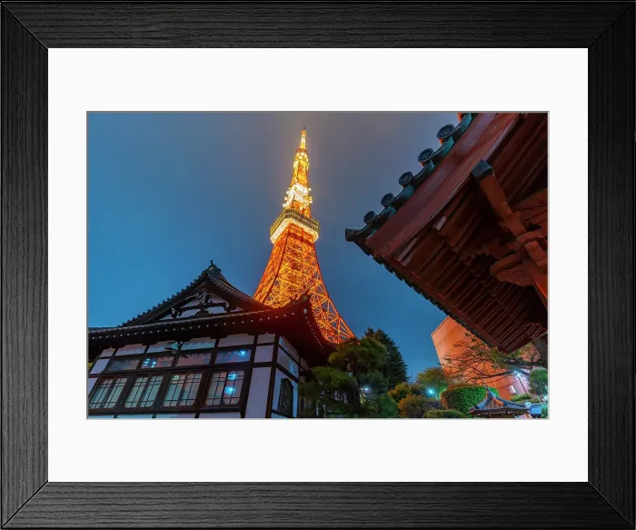 Framed Print : View of Tokyo Tower and Rurikoji Buddhist Temple at night, Minato City, Tokyo, Honshu, Japan Framed Print : View of Tokyo Tower and Rurikoji Buddhist Temple at night, Minato City, Tokyo, Honshu, Japan