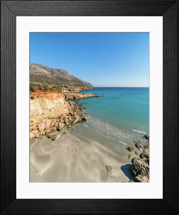 Framed Print : Petrified forest, Agia Marina, Agios Nikolaos Geopark, beach with turquoise water in the south of Greece, Greece
