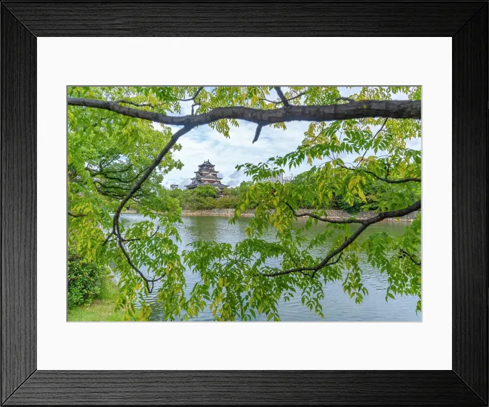 Framed Print : View of Hiroshima Castle, with museum, reflecting in Moat, Motomachi, Naka Ward, Hiroshima, Honshu, Japan