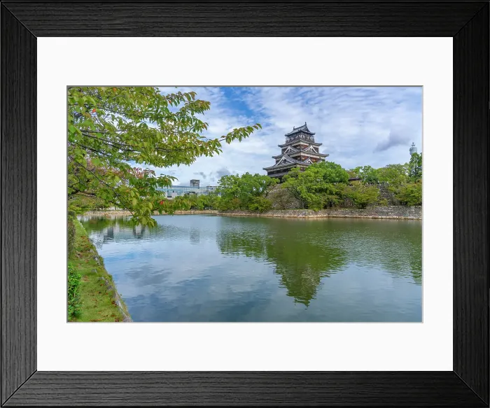 Framed Print : View of Hiroshima Castle, with museum, reflecting in Moat, Motomachi, Naka Ward, Hiroshima, Honshu, Japan Framed Print : View of Hiroshima Castle, with museum, reflecting in Moat, Motomachi, Naka Ward, Hiroshima, Honshu, Japan