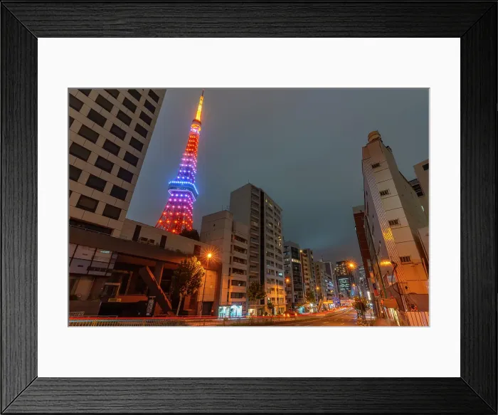 Framed Print : View of Tokyo Tower and city buildings at night, Minato City, Tokyo, Honshu, Japan