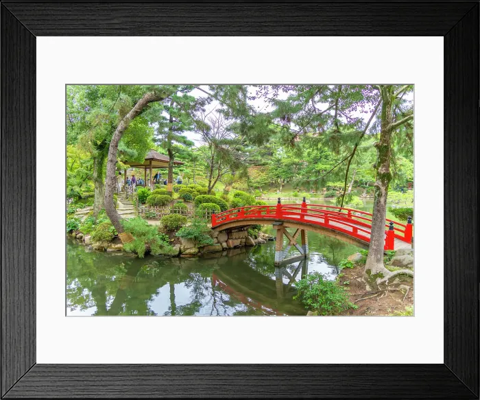 Framed Print : View of red footbridge over Takueichi Pond in Shukkeien Garden, Kaminoboricho, Naka Ward, Hiroshima, Honshu, Japan