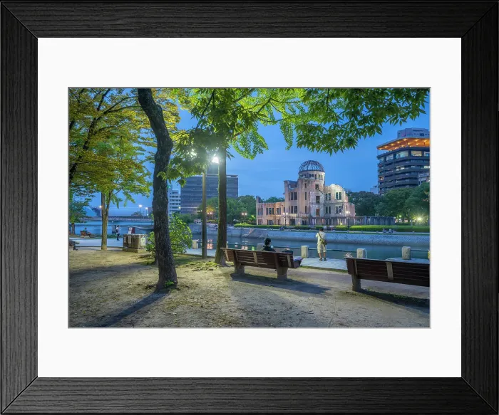 Framed Print : View of the skeletal ruins of the A-Bomb Dome from Hiroshima Peace Gardens at dusk, UNESCO, Hiroshima, Honshu, Japan Framed Print : View of the skeletal ruins of the A-Bomb Dome from Hiroshima Peace Gardens at dusk, UNESCO, Hiroshima, Honshu, Japan