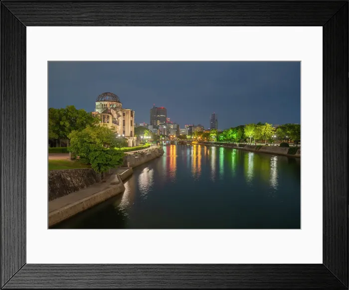 Framed Print : View of the skeletal ruins of the A-Bomb Dome from Hiroshima Peace Gardens at dusk, UNESCO, Hiroshima, Honshu, Japan Framed Print : View of the skeletal ruins of the A-Bomb Dome from Hiroshima Peace Gardens at dusk, UNESCO, Hiroshima, Honshu, Japan