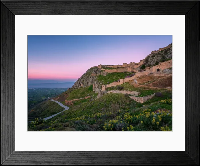 Framed Print : Acrocorinth historic castle on top of the mountain at sunset, Greece Framed Print : Acrocorinth historic castle on top of the mountain at sunset, Greece