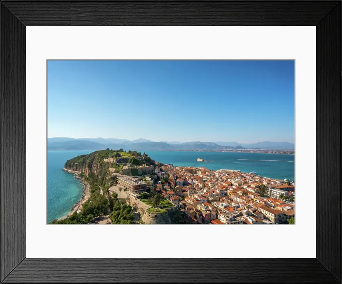 Framed Print : Nafplion historic city view with Palamidi fortress and Bourtzi Castle island, Nafplion, Peloponnese, Greece Framed Print : Nafplion historic city view with Palamidi fortress and Bourtzi Castle island, Nafplion, Peloponnese, Greece