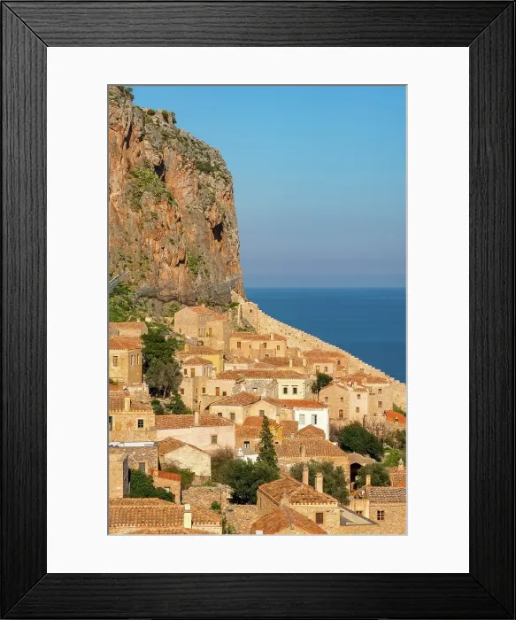 Framed Print : Monemvasia island historic stone houses and churches, Monemvasia, Laconia, Greece Framed Print : Monemvasia island historic stone houses and churches, Monemvasia, Laconia, Greece