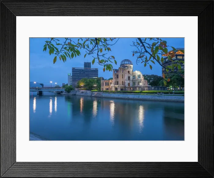 Framed Print : View of the skeletal ruins of the A-Bomb Dome from Hiroshima Peace Gardens at dusk, UNESCO, Hiroshima, Honshu, Japan