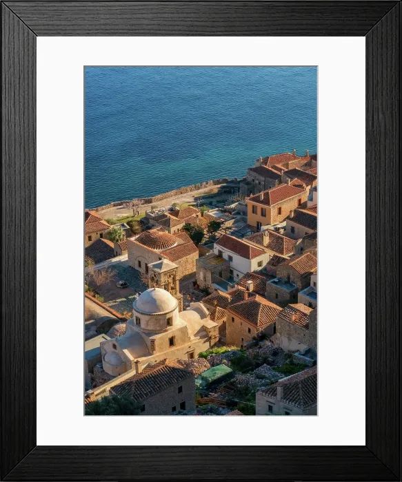 Framed Print : Monemvasia island historic stone houses and churches, Monemvasia, Laconia, Greece Framed Print : Monemvasia island historic stone houses and churches, Monemvasia, Laconia, Greece