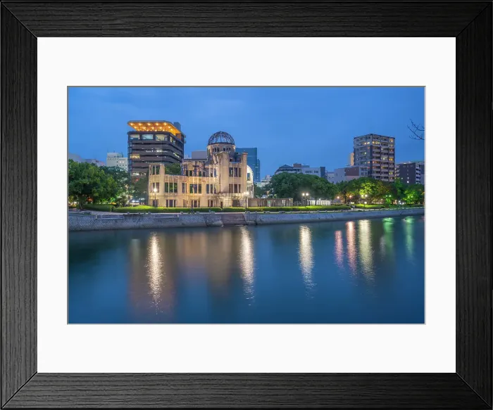 Framed Print : View of the skeletal ruins of the A-Bomb Dome from Hiroshima Peace Gardens at dusk, UNESCO, Hiroshima, Honshu, Japan Framed Print : View of the skeletal ruins of the A-Bomb Dome from Hiroshima Peace Gardens at dusk, UNESCO, Hiroshima, Honshu, Japan