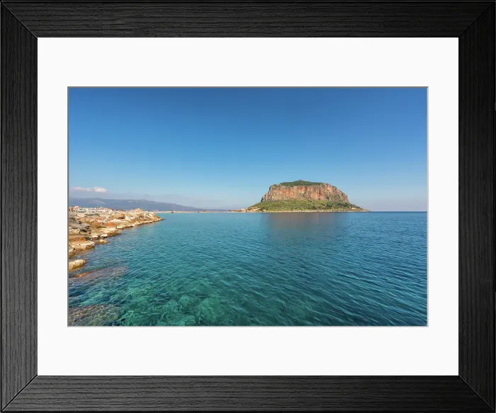 Framed Print : Monemvasia, historic city on an island with a mountain in turquoise sea, Monemvasia, Laconia, Greece Framed Print : Monemvasia, historic city on an island with a mountain in turquoise sea, Monemvasia, Laconia, Greece