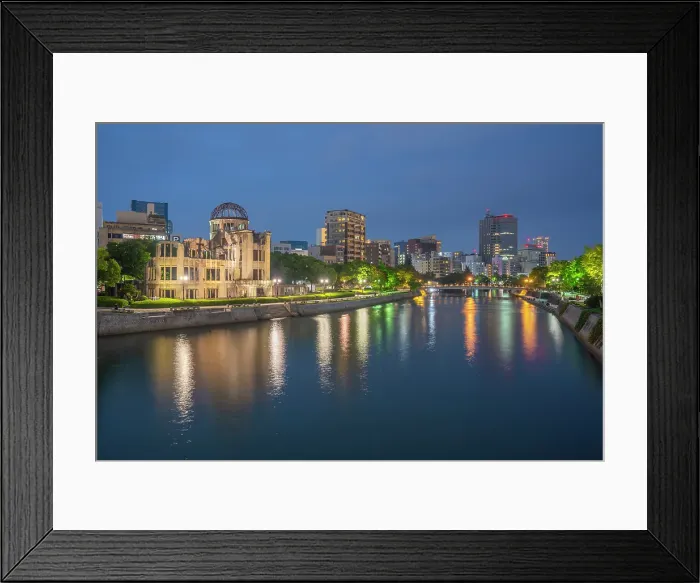 Framed Print : View of the skeletal ruins of the A-Bomb Dome from Hiroshima Peace Gardens at dusk, UNESCO, Hiroshima, Honshu, Japan Framed Print : View of the skeletal ruins of the A-Bomb Dome from Hiroshima Peace Gardens at dusk, UNESCO, Hiroshima, Honshu, Japan
