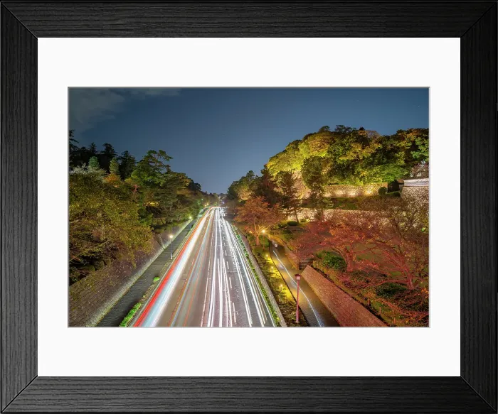 Framed Print : Trail lights on road by Nezumita-mon Gate, entrance to Kanazawa Castle and Park at dusk, Kanazawa City, Ishikawa Prefecture, Honshu, Japan Framed Print : Trail lights on road by Nezumita-mon Gate, entrance to Kanazawa Castle and Park at dusk, Kanazawa City, Ishikawa Prefecture, Honshu, Japan