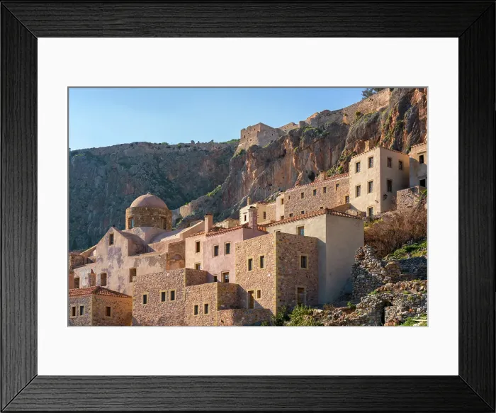 Framed Print : Historic stone houses in the mountain, Monemvasia, Laconia, Greece Framed Print : Historic stone houses in the mountain, Monemvasia, Laconia, Greece