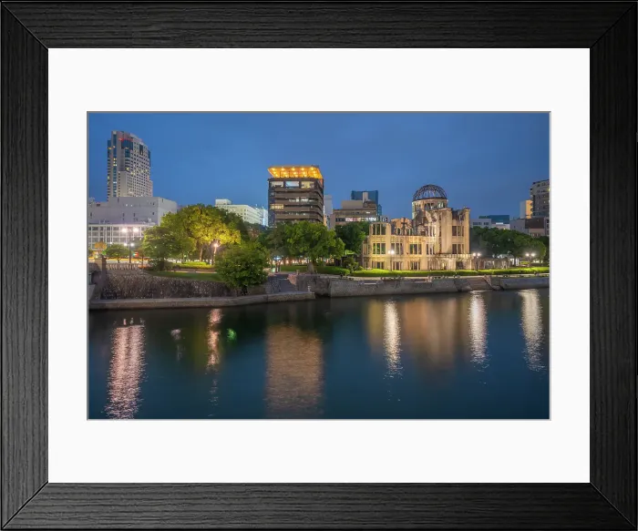 Framed Print : View of the skeletal ruins of the A-Bomb Dome from Hiroshima Peace Gardens at dusk, UNESCO, Hiroshima, Honshu, Japan Framed Print : View of the skeletal ruins of the A-Bomb Dome from Hiroshima Peace Gardens at dusk, UNESCO, Hiroshima, Honshu, Japan