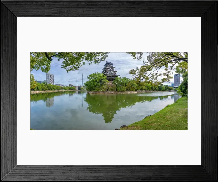 Framed Print : View of Hiroshima Castle, with museum, reflecting in Moat, Motomachi, Naka Ward, Hiroshima, Honshu, Japan Framed Print : View of Hiroshima Castle, with museum, reflecting in Moat, Motomachi, Naka Ward, Hiroshima, Honshu, Japan