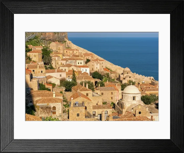 Framed Print : Monemvasia island historic stone houses and churches, Monemvasia, Laconia, Greece Framed Print : Monemvasia island historic stone houses and churches, Monemvasia, Laconia, Greece