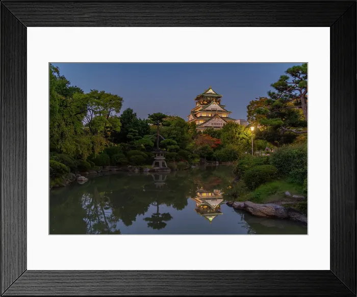 Framed Print : View of Osaka Castle reflected in Japanese garden pond at dusk, Osakajo, Chuo Ward, Osaka, Honshu, Japan Framed Print : View of Osaka Castle reflected in Japanese garden pond at dusk, Osakajo, Chuo Ward, Osaka, Honshu, Japan