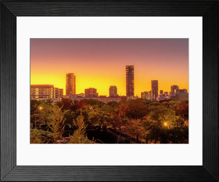 Framed Print : View of Osaka skyline from Osaka Castle at sunset, Chuo Ward, Osaka, Honshu, Japan Framed Print : View of Osaka skyline from Osaka Castle at sunset, Chuo Ward, Osaka, Honshu, Japan