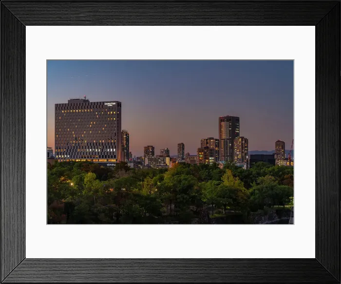 Framed Print : View of Osaka skyline from Osaka Castle at dusk, Chuo Ward, Osaka, Honshu, Japan Framed Print : View of Osaka skyline from Osaka Castle at dusk, Chuo Ward, Osaka, Honshu, Japan