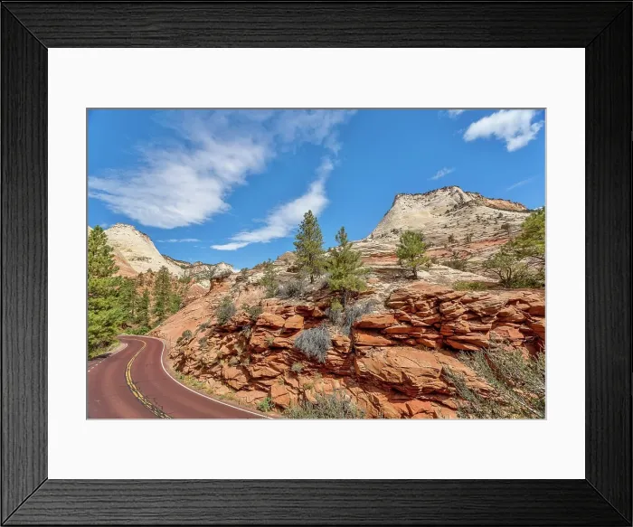 Framed Print : East Zion National Park where Highway 9 winds between the Zion-Mount Carmel Tunnel and Checkerboard Mesa, Utah, United States of America