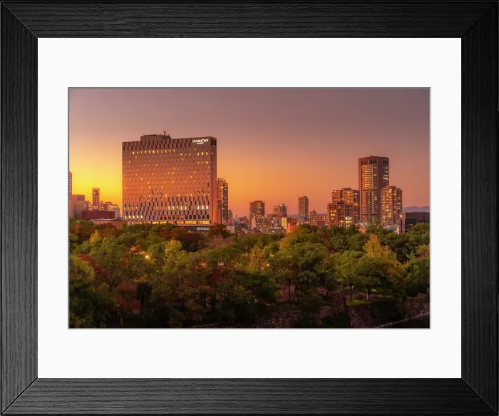 Framed Print : View of Osaka skyline from Osaka Castle at sunset, Chuo Ward, Osaka, Honshu, Japan Framed Print : View of Osaka skyline from Osaka Castle at sunset, Chuo Ward, Osaka, Honshu, Japan